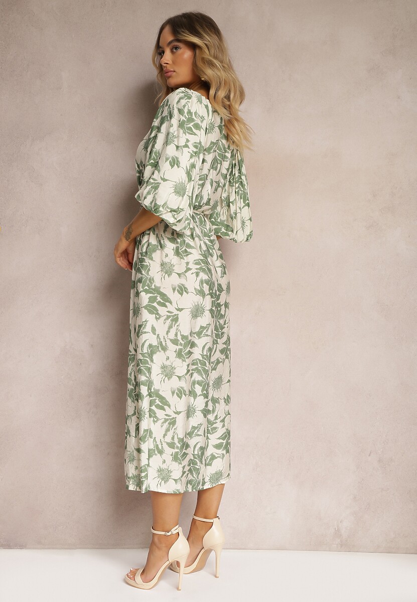 Zielono-Biała Wiskozowa Sukienka Wiązana w Talii z Ozdobnymi Rękawami Nanea
