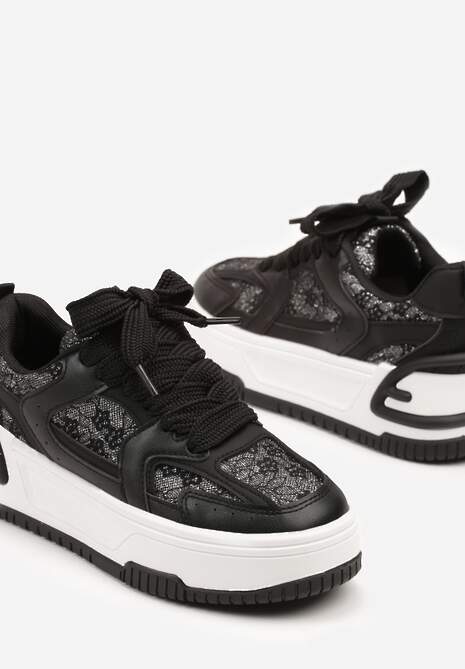 Czarne Sneakersy z Brokatowymi Zdobieniami na Platformie Deovirae