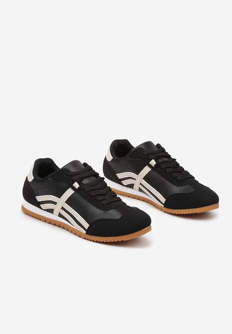 Czarne Sneakersy przed Kostkę z Paskami na Cholewce Deniffia