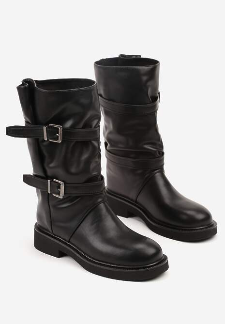 Czarne Botki Biker Boots z Marszczoną Cholewką i Paskami ze Sprzączkami Sinesa