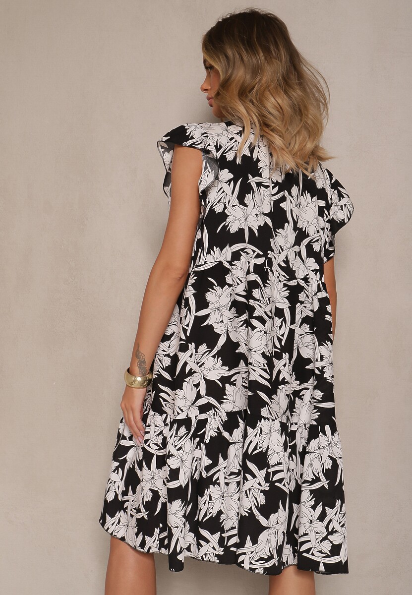 Czarna Kwiatowa Rozkloszowana Sukienka z Bawełny Liravira