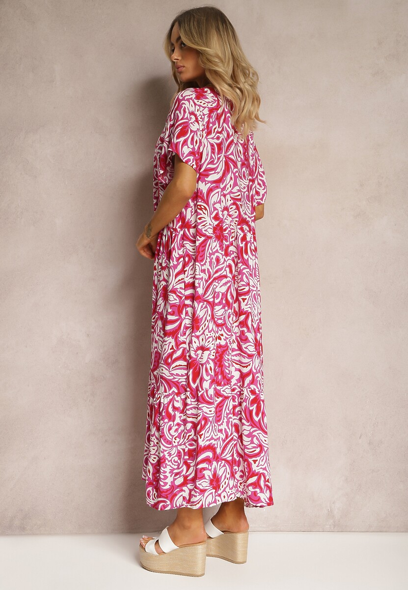 Różowa Sukienka z Wiskozy Zdobiona Falbankami z Krótkim Rękawem Danibella