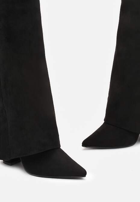 Czarne Kozaki na Słupku z Wywiniętą Cholewką i Klamerką Upaxa