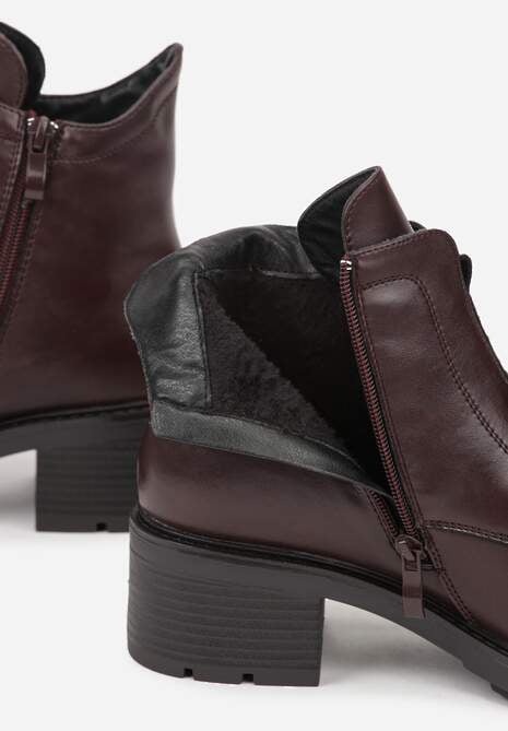 Bordowe Botki ze Skóry Naturalnej na Słupku Ozdobione Przeszyciami Deleisa