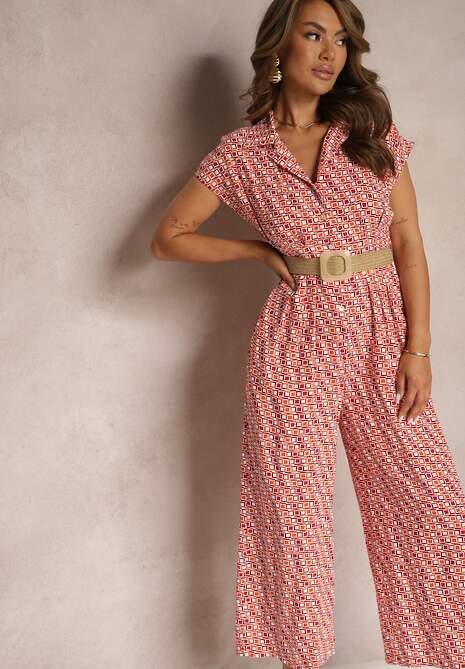 Pomarańczowo-Różowa Kombinezon z Dekoltem w Serek i Szerokimi Nogawkami z Paskiem w Talii Celretta