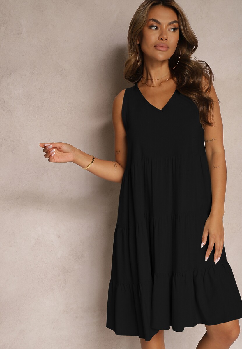 Czarna Bawełniana Sukienka o Rozkloszowanym Kroju Bez Rękawów Gladea