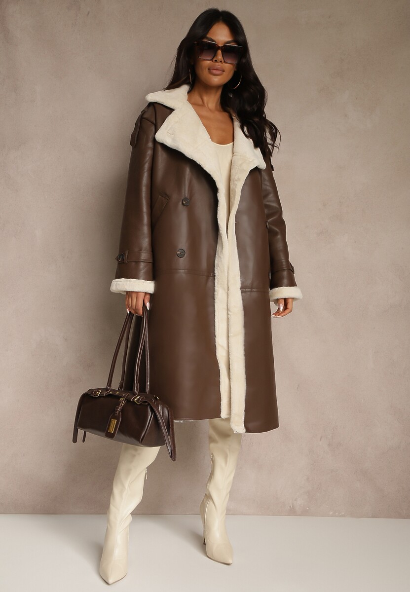 Czarny Dwurzędowy Płaszcz Oversize z Imitacji Skóry i Futerkiem Vess