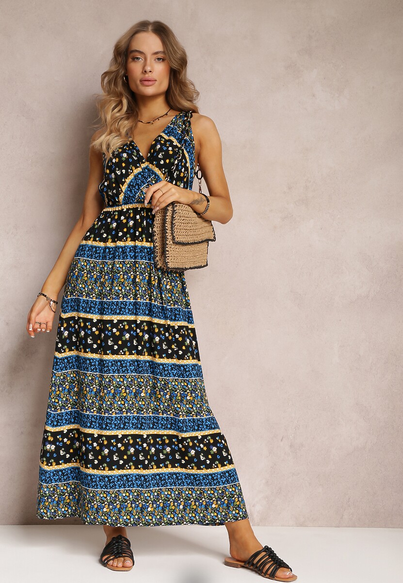 Czarno-Granatowa Sukienka z Wiskozy Maxi w Fantazyjny Print Cannida