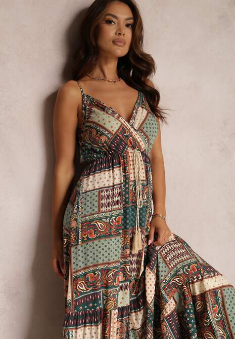 Zielona Wiskozowa Sukienka o Kopertowym Kroju w Print Patchwork Grehan