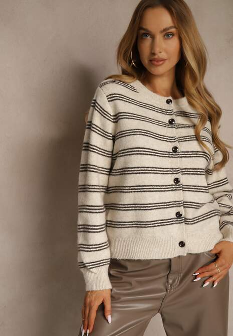 Beżowy Kardigan z Dodatkiem Wełny Zdobiony Wzorem w Paski i Narzutką Fedira