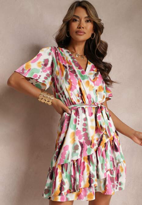 Różowa Kopertowa Sukienka z Falbanami i Wiązanym Paskiem Arvey