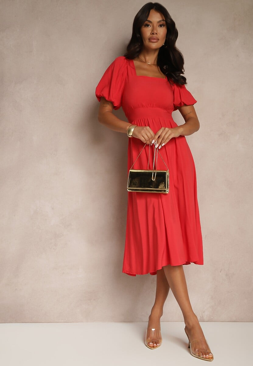 Czerwona Wiskozowa Sukienka Ozdobiona Kwadratowym Dekoltem Deviselle