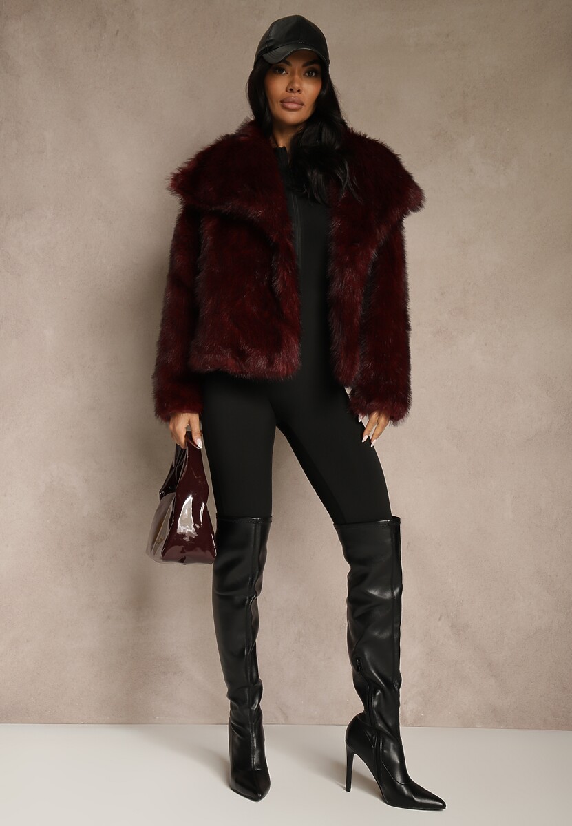 Bordowa Kurtka ze Sztucznego Futra Ozdobiona Kołnierzem Meriian