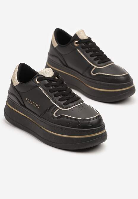 Czarne Sneakersy na Platformie Ozdobione Brokatem i Napisem Udivoria