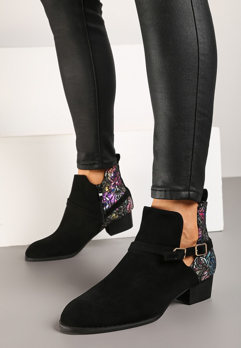 Czarne Botki Vices na Słupku Ozdobione Kwiatami Selianor