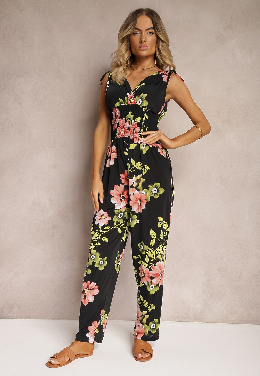 Jasnoróżowy Kombinezon z Ściągaczami na Ramionach w Kwiatowy Wzór Almora