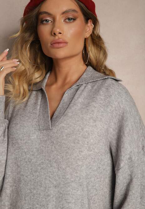 Szara Sweterkowa Sukienka z Wiskozą o Pudełkowym Kroju Ozdobiona Kołnierzykiem Clarinnae