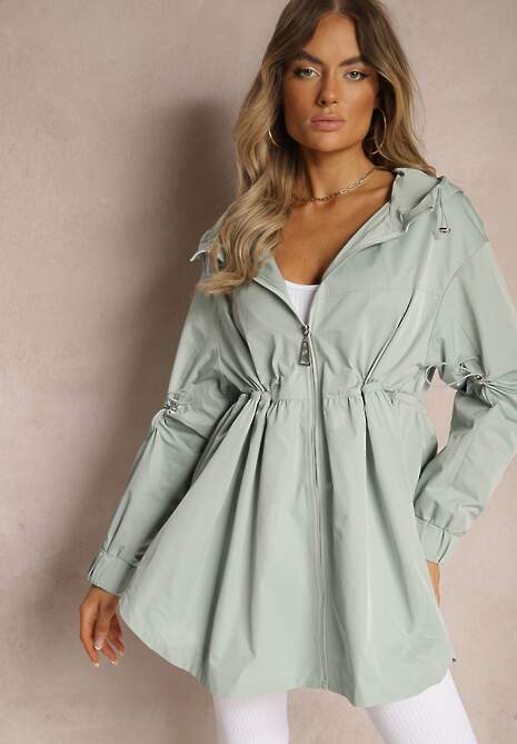 Jasnoniebieska Kurtka Parka Ściagana w Pasie Troczkami z Kapturem Evisanale