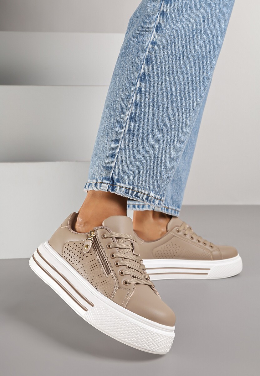 Beżowe Sneakersy na Platformie Ozdobione Suwakiem i Perforacją Gioseria