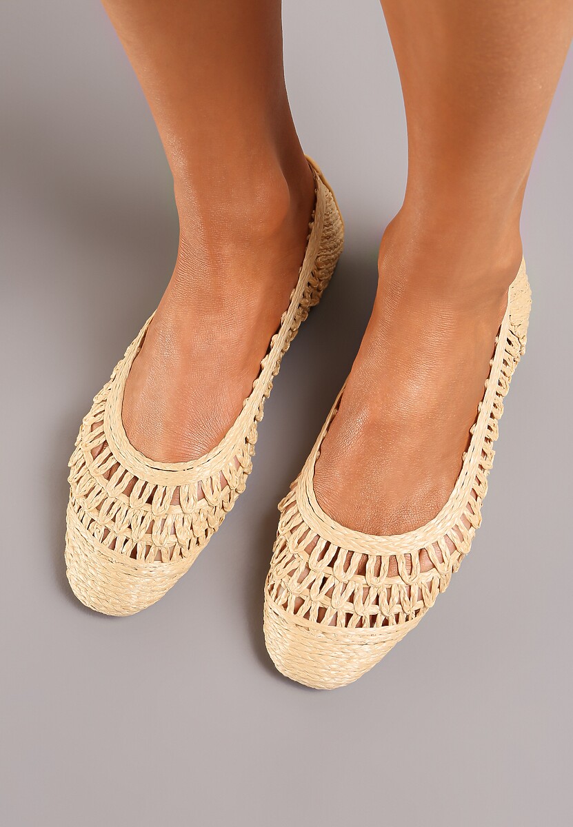 Beżowe Płaskie Balerinki z Imitacji Skóry o Ażurowym Wykończeniu Yines