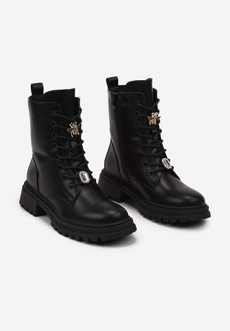 Czarne Botki na Platformie w Stylu Workerów Ozdobione Cyrkoniowymi Aplikacjami Mericia