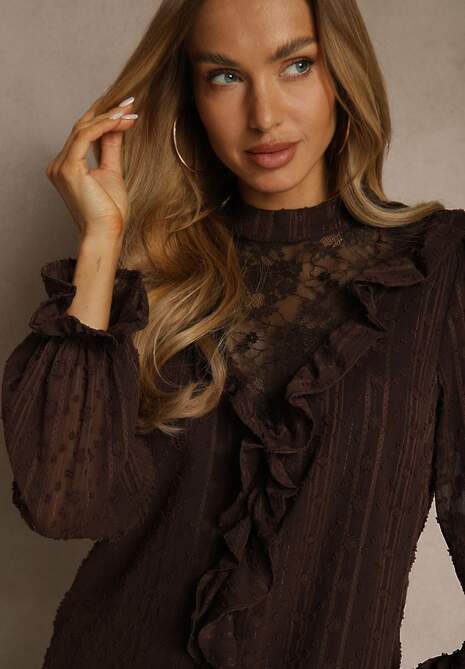 Brązowa Bluzka z Koronką i Falbankami Zdobiona Metalicznymi Przeszyciami Aliafera