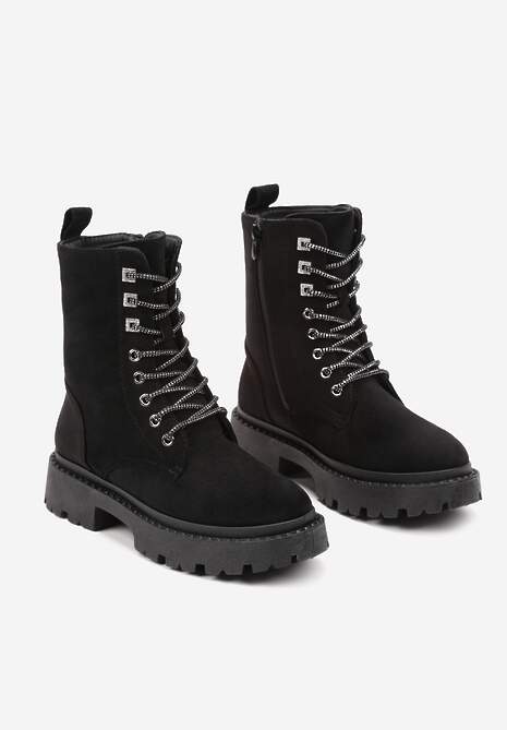 Czarne Botki Workery z Ekozamszu na Płaskiej Podeszwie Wykończone Cyrkoniami Lerissna