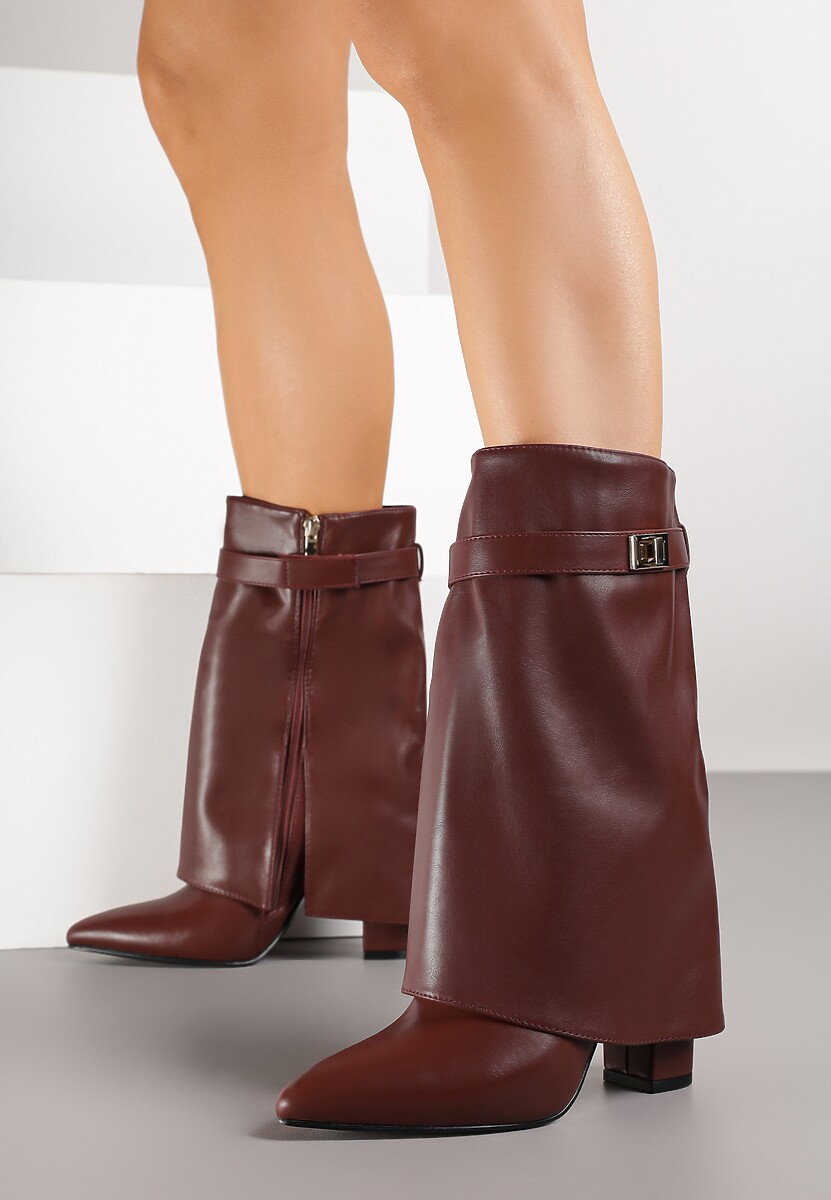 Bordowe Botki na Słupkowym Obcasie z Wywiniętą Cholewką ze Zdobieniem Tulareia