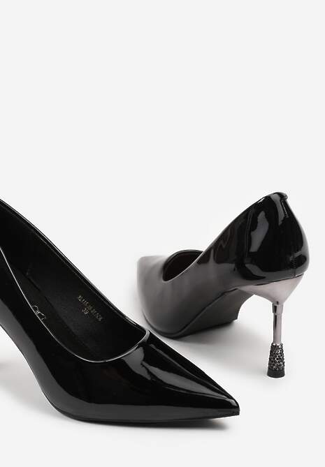 Czarne Szpilki Lakierowane Vices ze Skórzaną Wkładką Ozdobione Cyrkoniami Cindrie