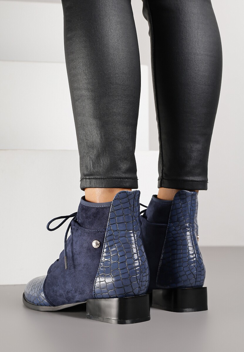 Granatowe Sznurowane Botki do Kostki Vices Zdobione Tłoczeniem Skóry Węża Wedvire