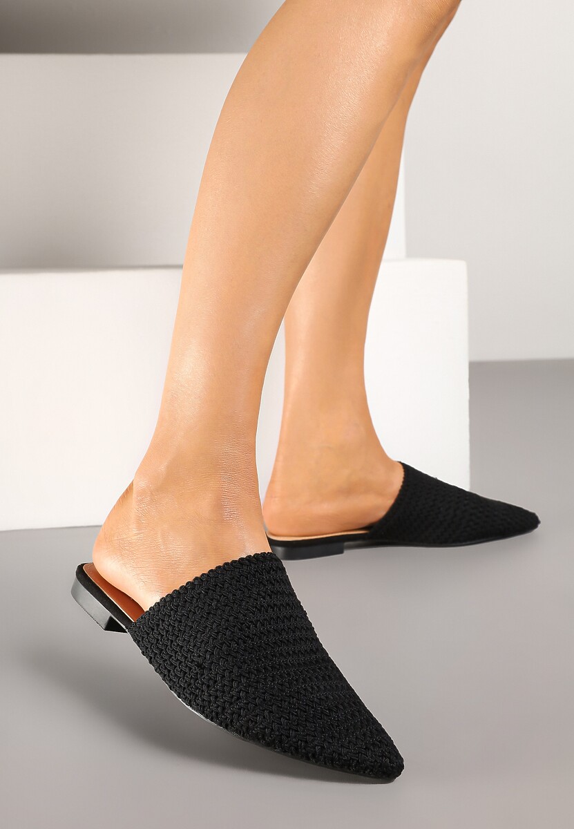 Czarne Klapki Mule Ozdobione Plecionką Lisirea