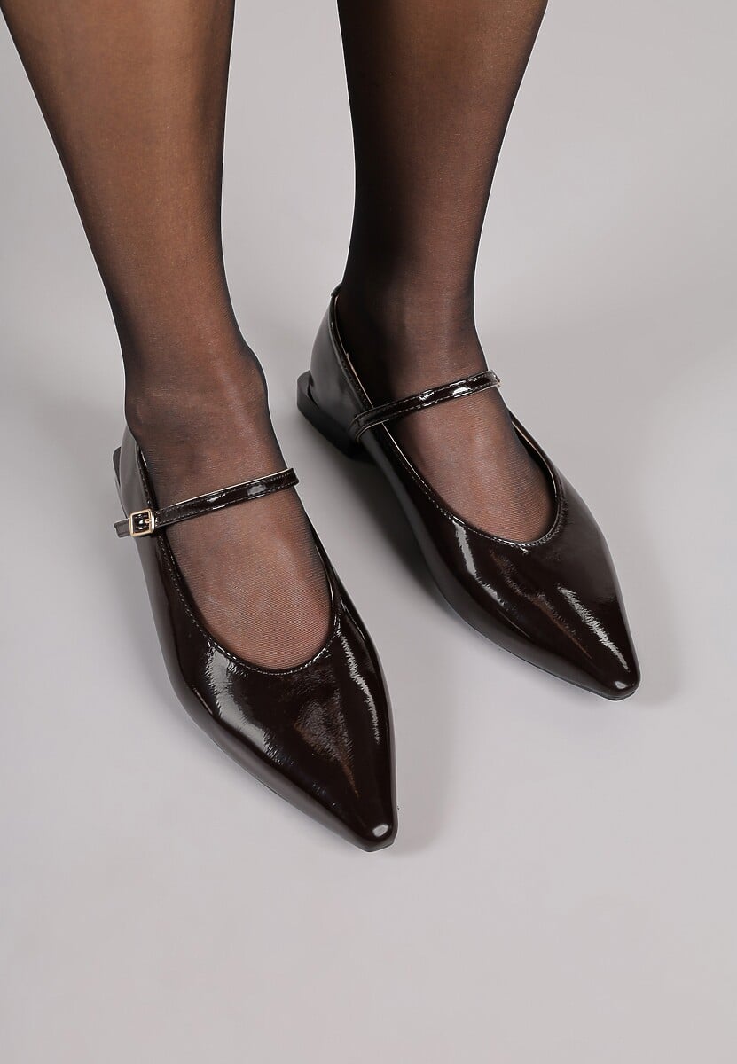 Brązowe Balerinki Mary Jane Vices z Geometrycznym Obcasem i Skórzaną Wkładką Vermene