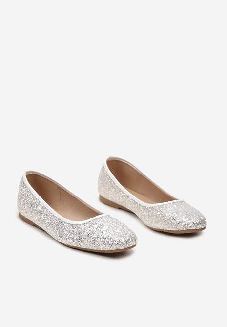 Białe Brokatowe Balerinki z Okrągłym Noskiem Buneria