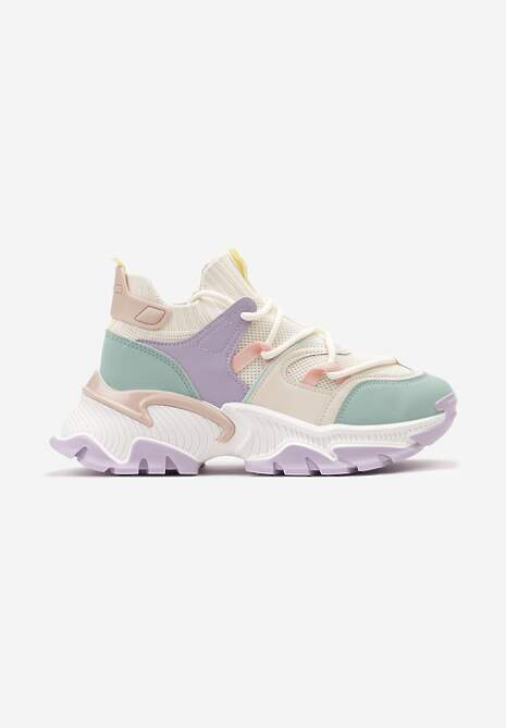 Fioletowo-Zielone Sneakersy w Skarpetkowym Stylu z Elastycznym Wiązaniem i Tłoczoną Podeszwą Ielene