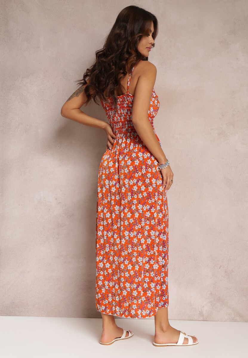 Pomarańczowa Rozkloszowana Sukienka Maxi na Ramiączkach z Cienkimi Gumkami w Talii Daniyelle