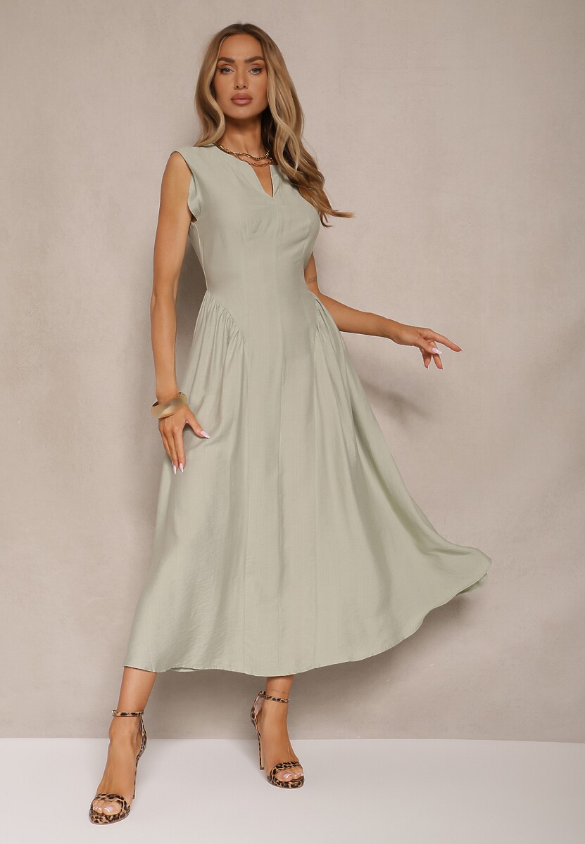 Beżowa Rozkloszowana Sukienka z Wiskozy Lirune