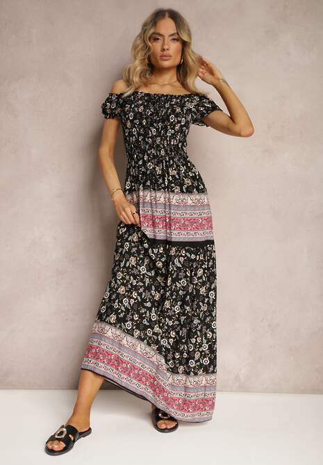 Czarno-Różowa Sukienka Hiszpanka z Wiskozy z Marszczoną Górą Isteria