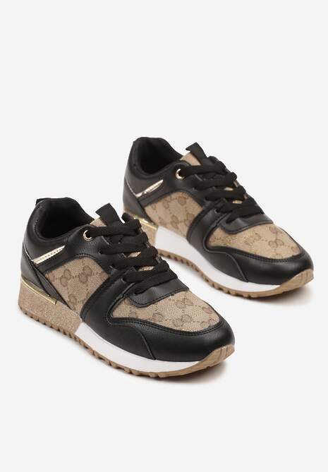 Czarno-Brązowe Sneakersy Ozdobione Metaliczną Aplikacją i Przeszyciami Soltia