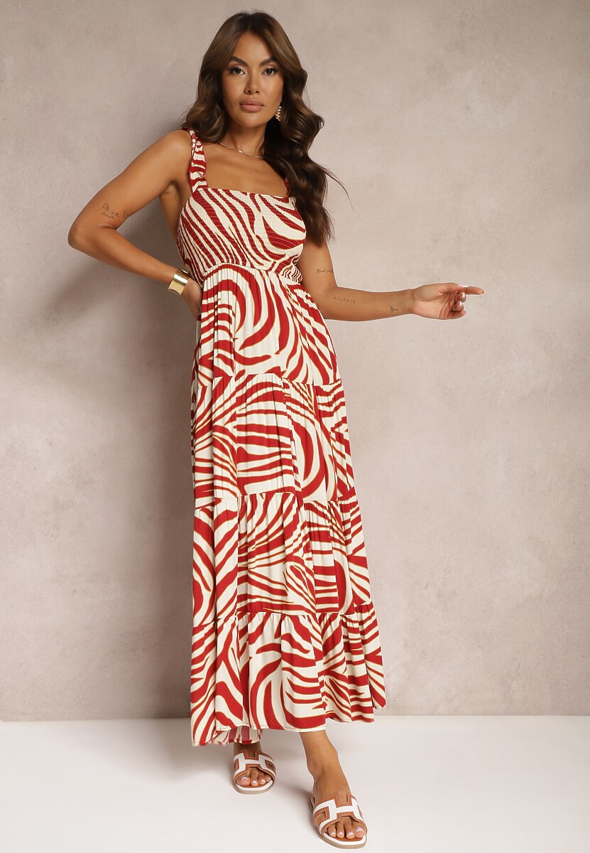 Czarno-Beżowa Sukienka z Wiskozy na Ramiączkach o Rozkloszowanym Kroju Odcinana pod Biustem Mezorea