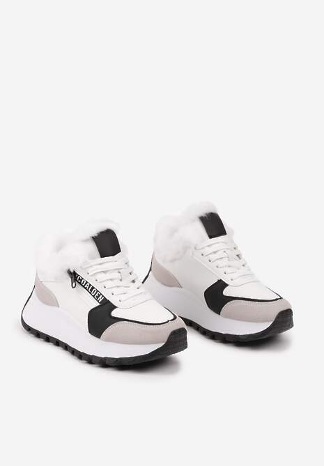Białe Sneakersy na Platformie z Napisem Sznurowaniem i Futerkiem Vazina