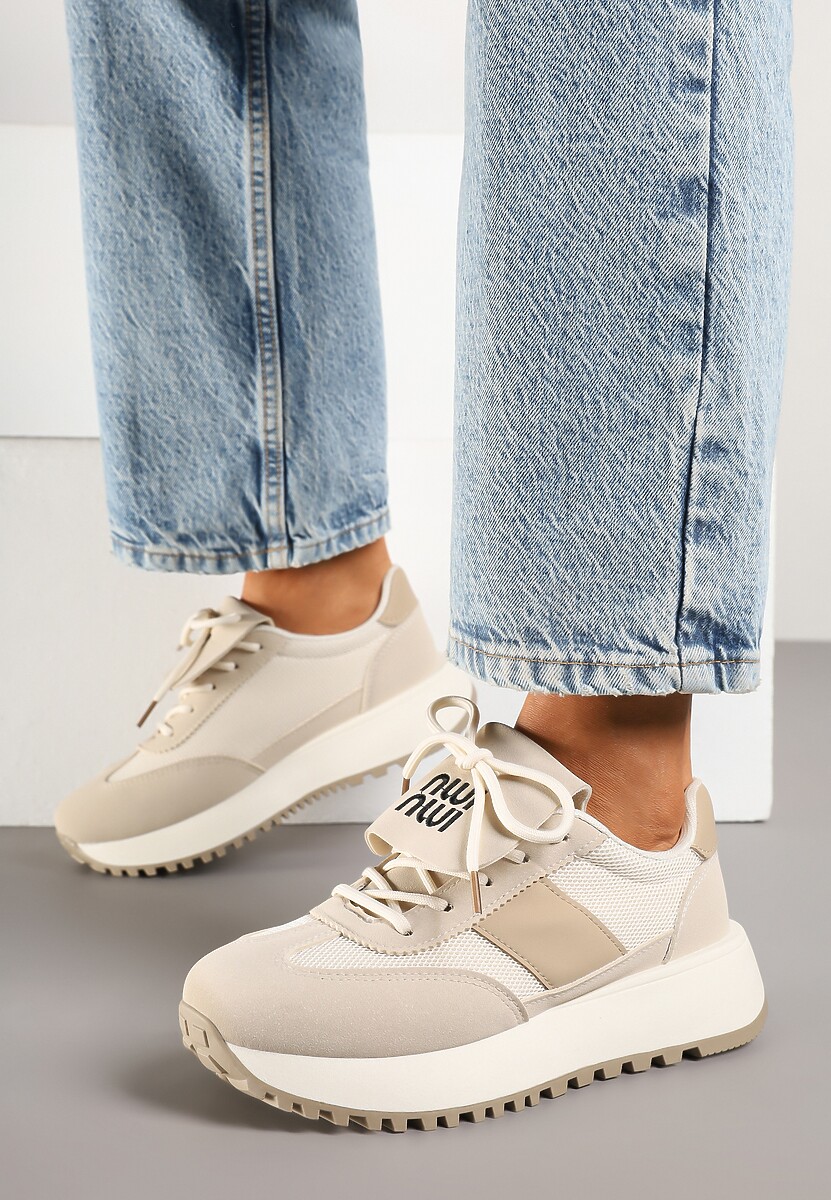 Beżowe Sneakersy na Platformie z Geometrycznym Wzorem Aluina