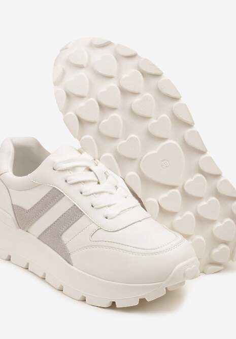 Biało-Szare Sneakersy na Grubej Podeszwie Zdobione Przeszyciami Lulline