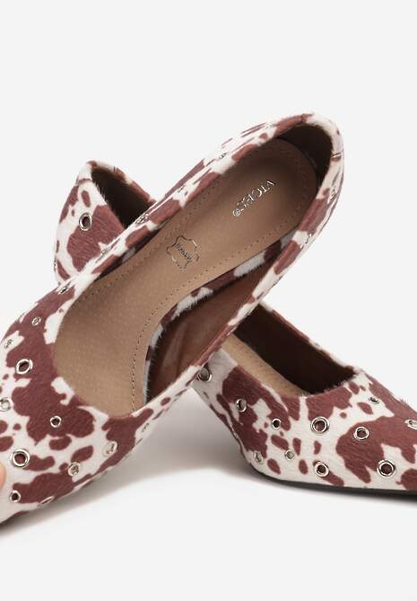 Brązowe Czółenka na Szpilce Vices w Krowie Łaty Ozdobione Nitami z Wkładką ze Skóry Naturalnej Rilinessa