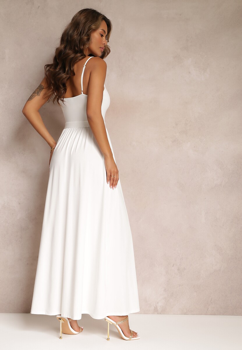 Biała Rozkloszowana Sukienka Maxi na Cienkich Ramiączkach z Rozporkiem Weslyn