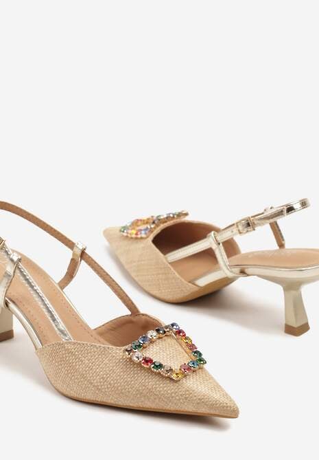 Złote Sandały Slingback na Kaczuszce z Tweedowymi Wstawkami i Cyrkoniami Nalivna