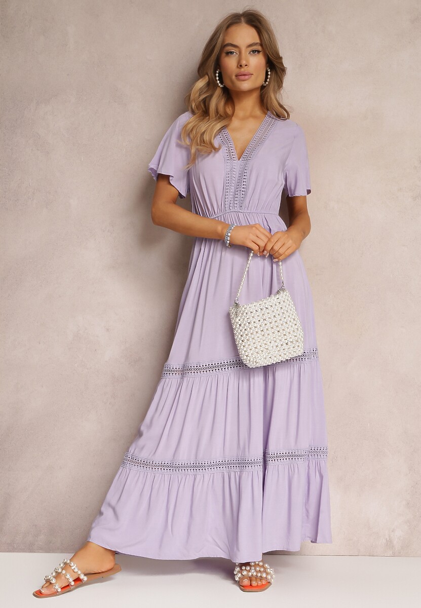 Fioletowa Długa Sukienka Zdobiona Koronkowymi Wstawkami z Gumką w Pasie Nasma