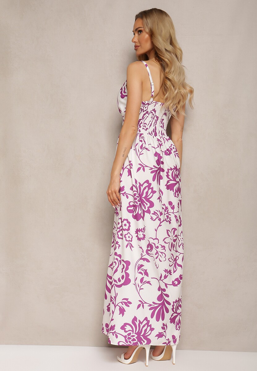 Fioletowo-Biała Sukienka z Gumkami na Plecach Ściągana w Talii z Regulowanymi Ramiączkami Falora