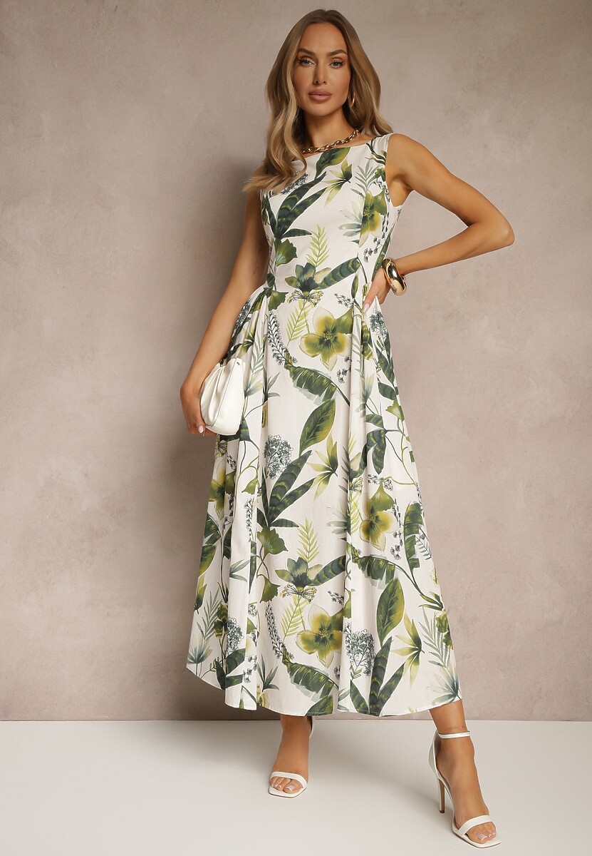 Biała Sukienka w Roślinny Wzór z Bawełny o Rozkloszowanym Kroju Korlio