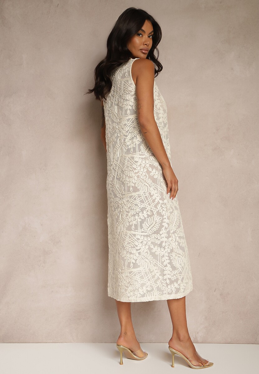 Beżowa Bawełniana Sukienka w Stylu Boho z Szydełkowymi Zdobieniami Baniella