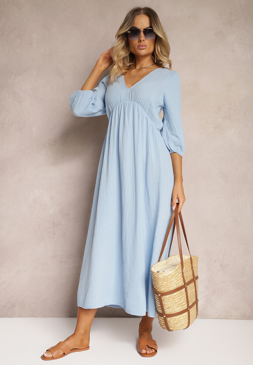 Jasnoniebieska Sukienka z Bawełny Ozdobiona Wiązaniem i Gumką w Pasie Wlarina